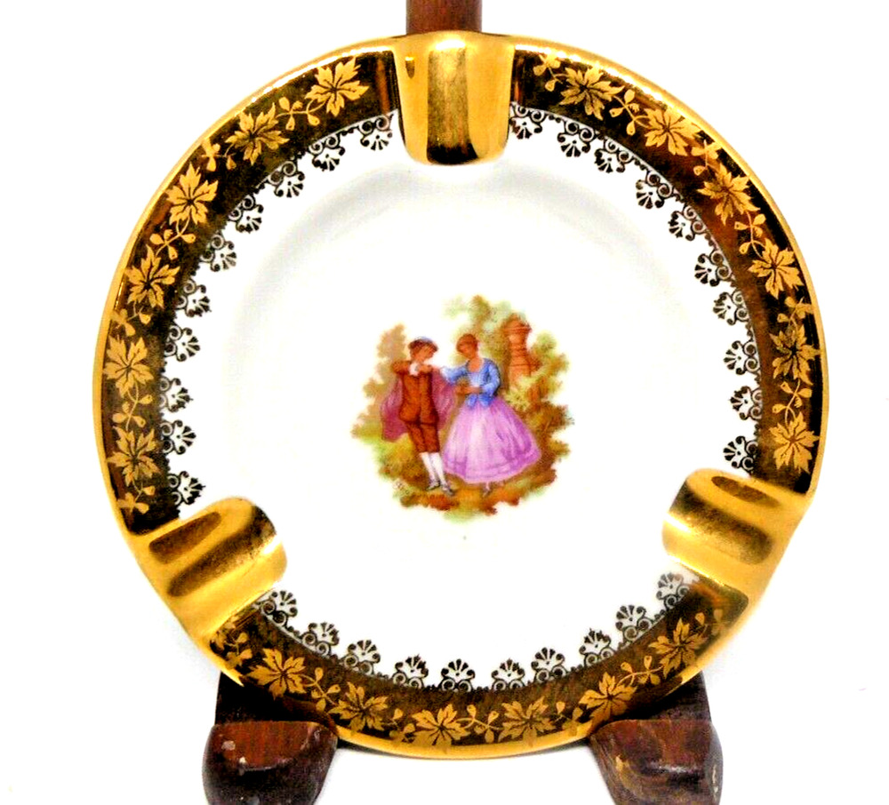 Limoges France Goudeville Porcelain AshTray Victorian Courting Couple Gilt Edge